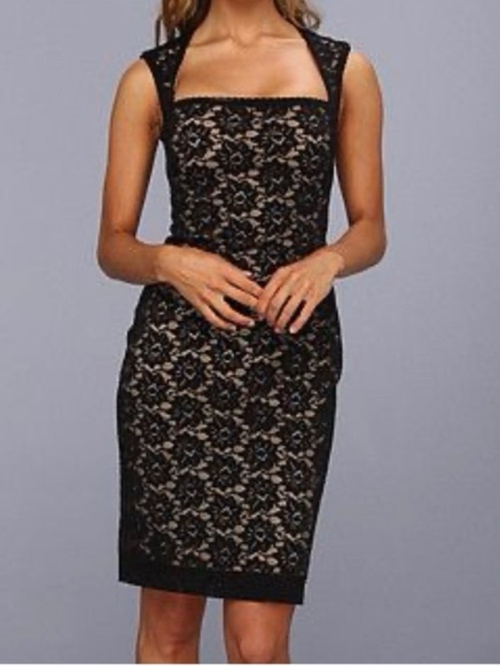 Nicole Miller Black Floral Lace Sheath Dress with Nude Lining